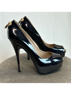 Louis Vuitton Black Patent Leather Lock It Peep Toe Platform Pumps high heels 40